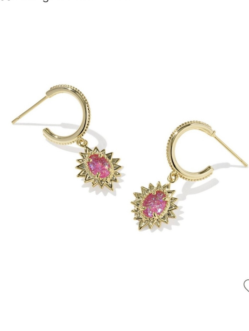 New!Kendra Scott Gold Hoop Huggie Earrings Fuchsia Glass Glitter Sunburst Drops